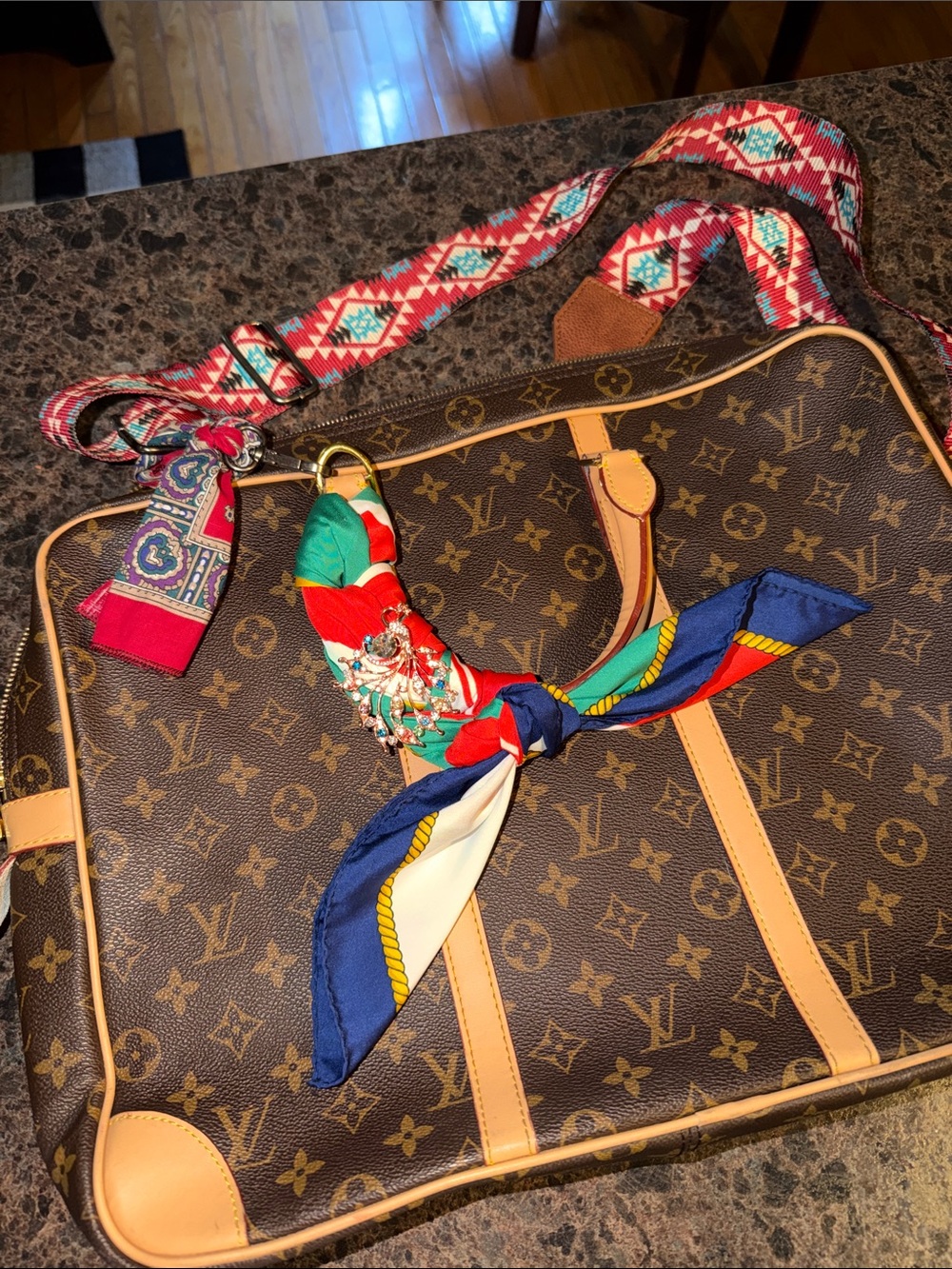 Louis Vuitton Brown Monogram Travel Tote with Multicolor Scarf Accent